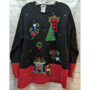 BP Design XL Christmas sweater vintage women black red fireplace tree gift bead